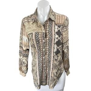 Renuar Women's Brown Tan Geometric Print Long Sleeve Button Down Shirt Top Sz XS